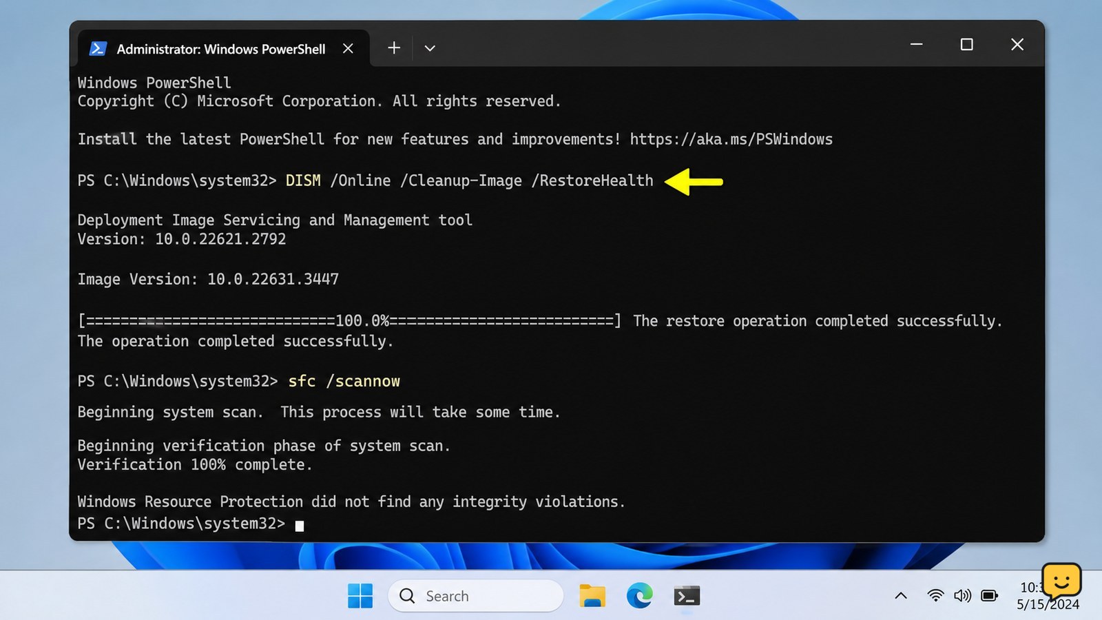 Windows 11 Terminal opened as administrator with DISM and SFC repair commands