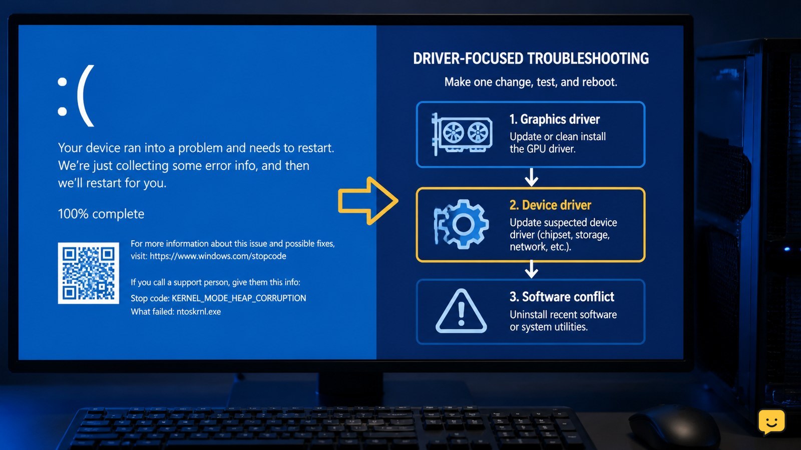 Windows blue screen showing a kernel mode heap corruption stop-code troubleshooting scenario