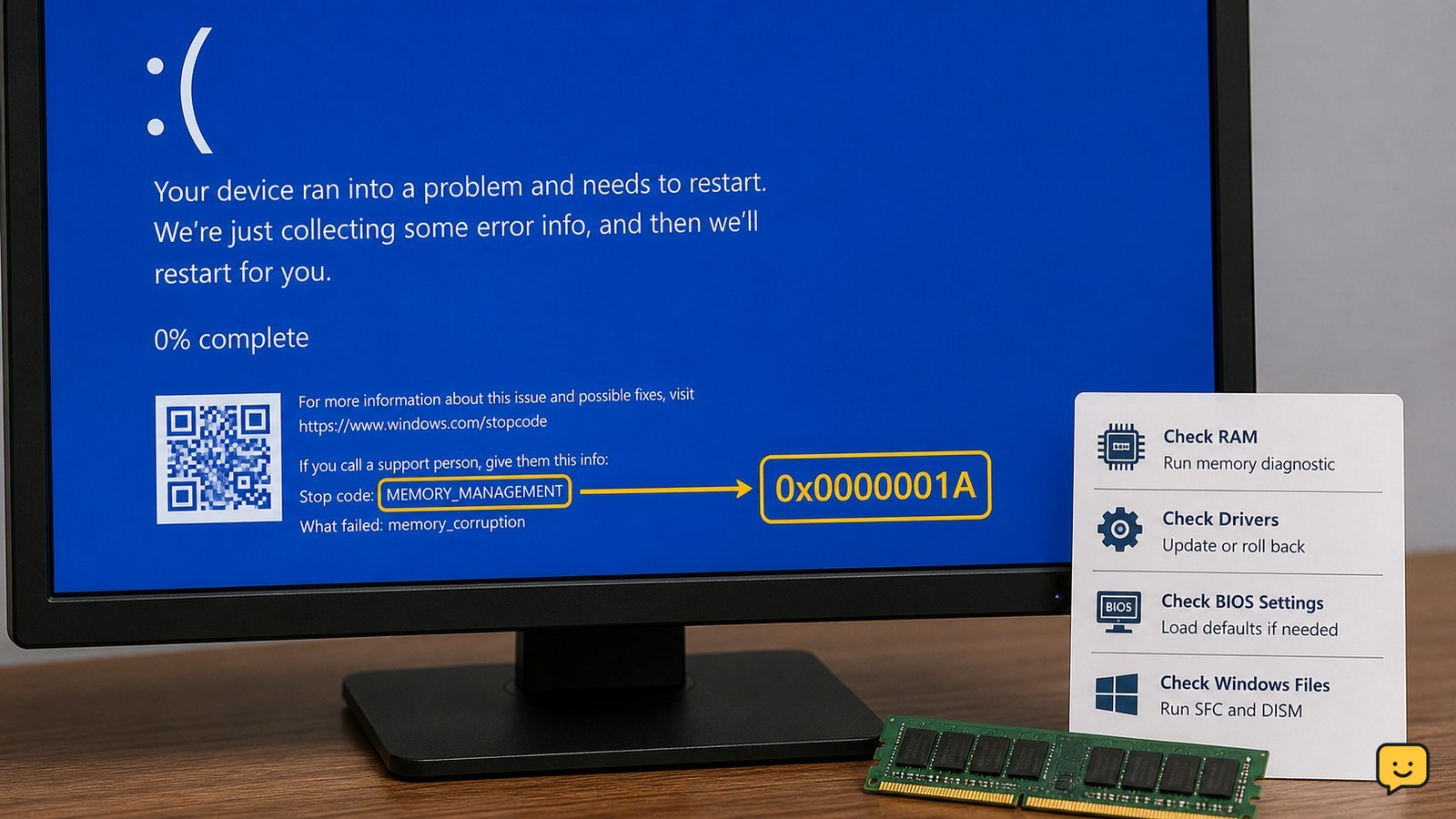 Windows computer showing the MEMORY_MANAGEMENT 0x1A blue screen