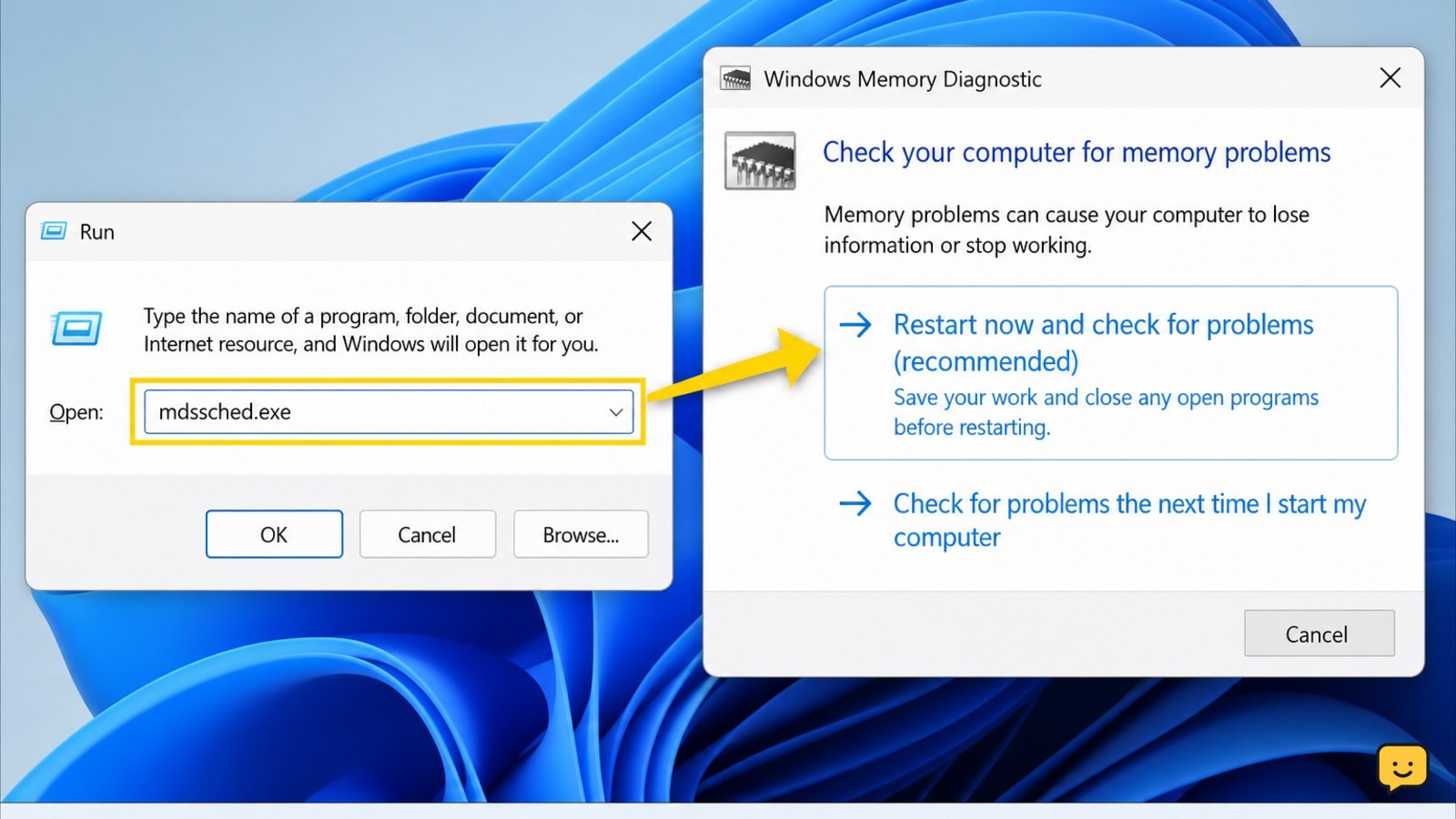 Windows Run dialog showing mdsched.exe for Windows Memory Diagnostic