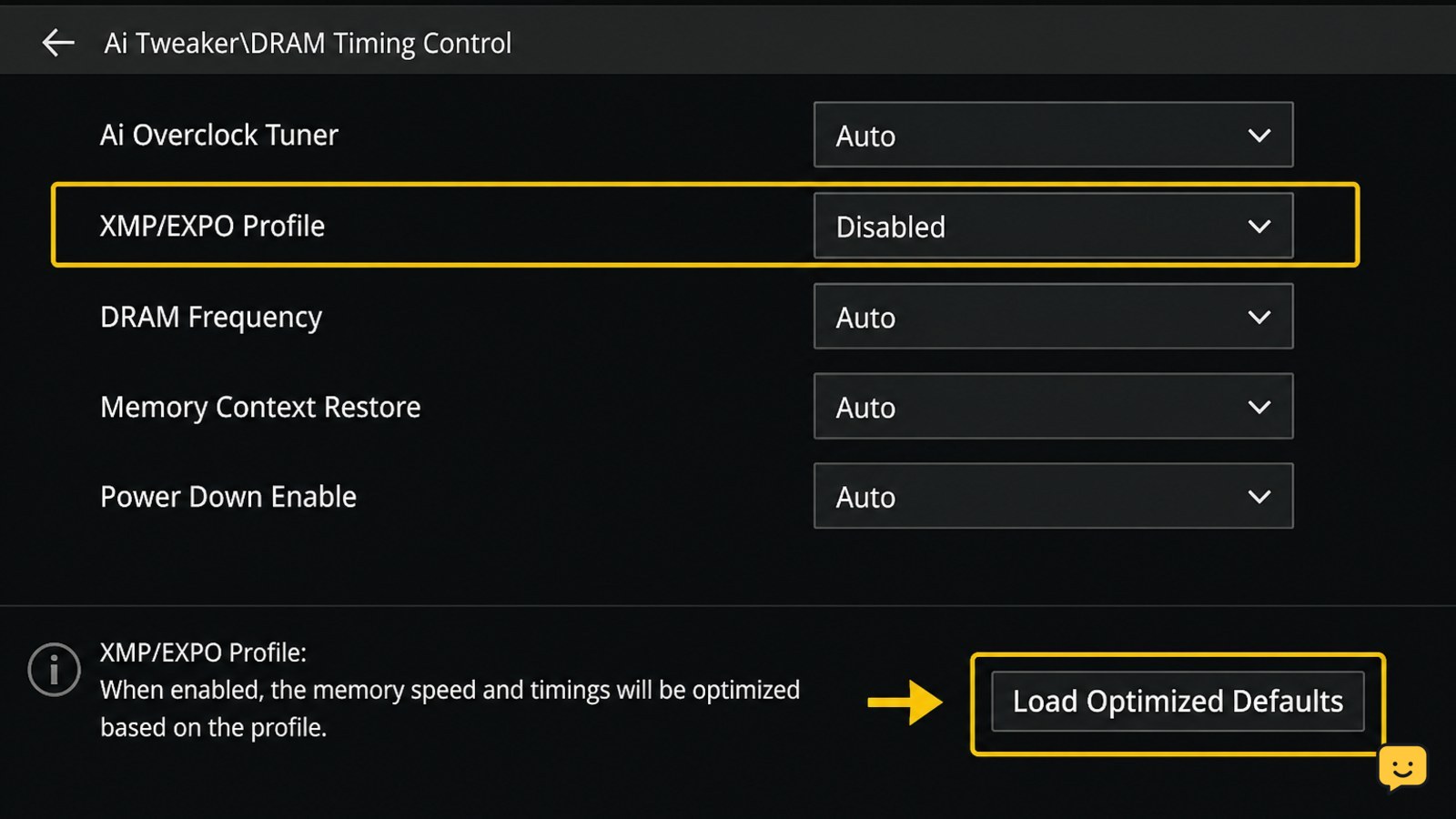 UEFI firmware settings screen showing memory profile disabled and optimized defaults option
