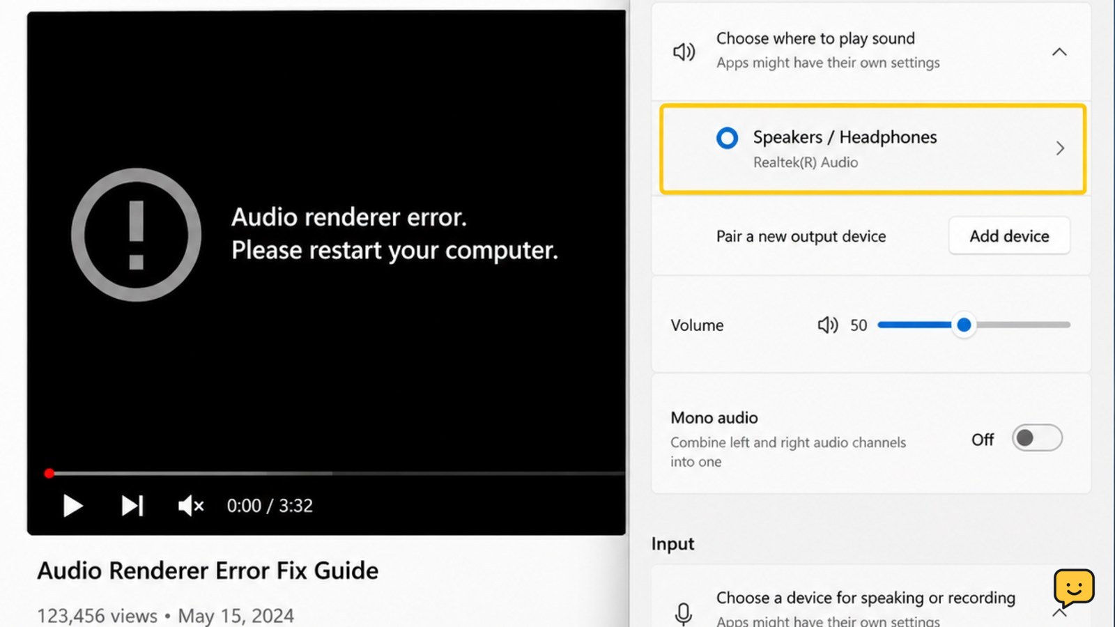 Windows computer showing a YouTube audio renderer error and the Sound settings output selector