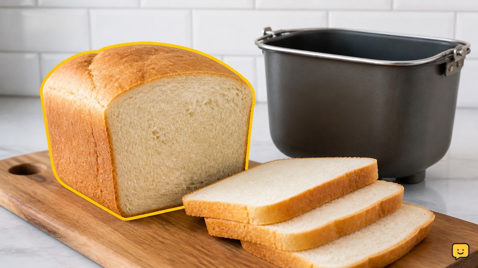 Sliced gluten-free sandwich bread beside a bread maker pan
