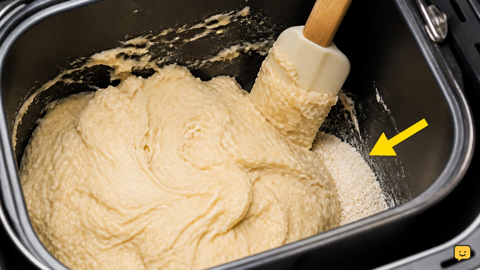Thick gluten-free bread batter being scraped from a bread maker pan corner