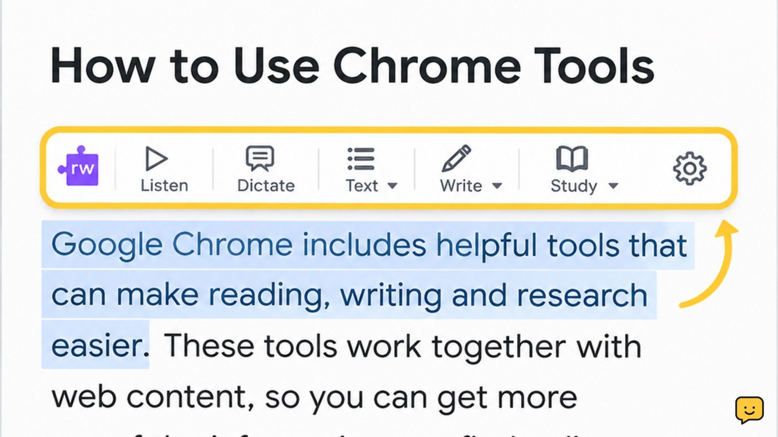 Read&Write toolbar open beside selected webpage text in Google Chrome