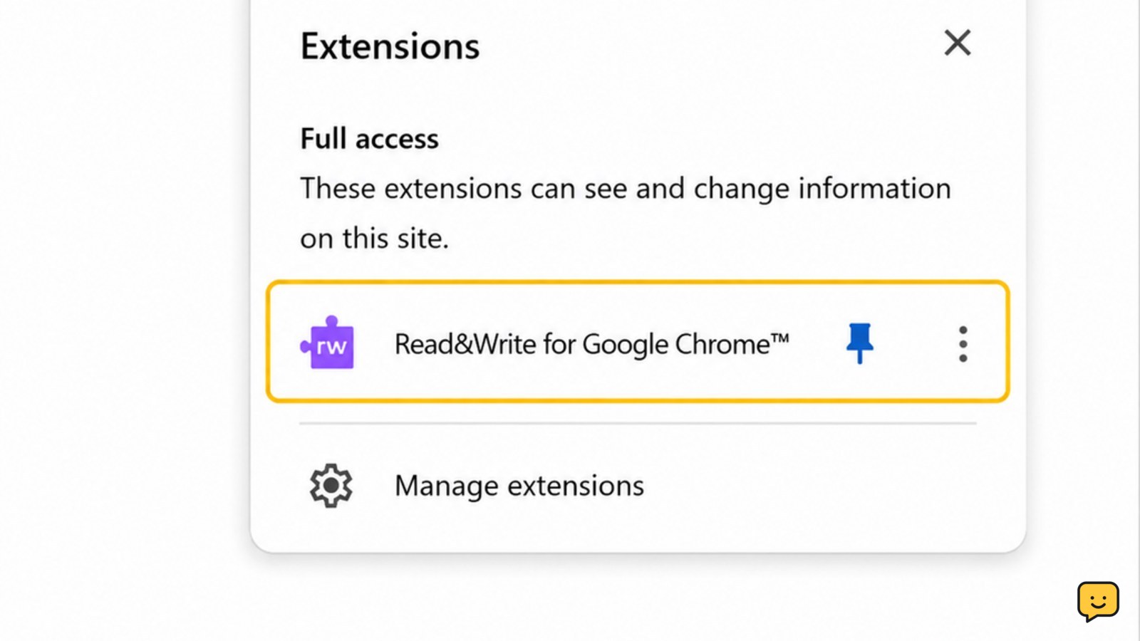 Chrome Extensions menu showing Read&Write enabled and available in the browser toolbar