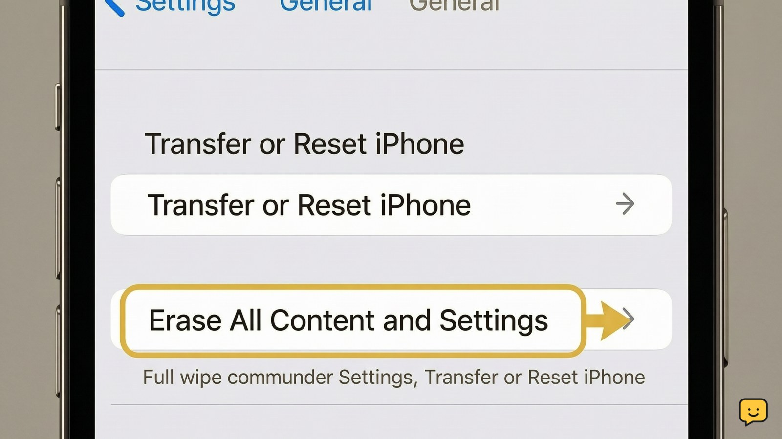 iPhone Settings screen showing Transfer or Reset iPhone and Erase All Content and Settings