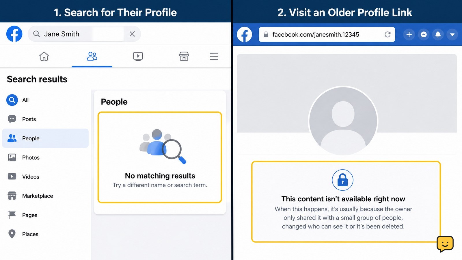 Facebook search results with a missing profile alongside an unavailable profile page