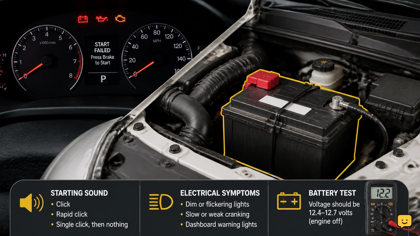 Open car hood with a 12-volt battery and a dashboard showing a no-start situation