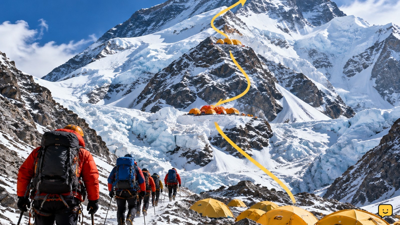 Mount Everest expedition route with climbers approaching a high-altitude camp