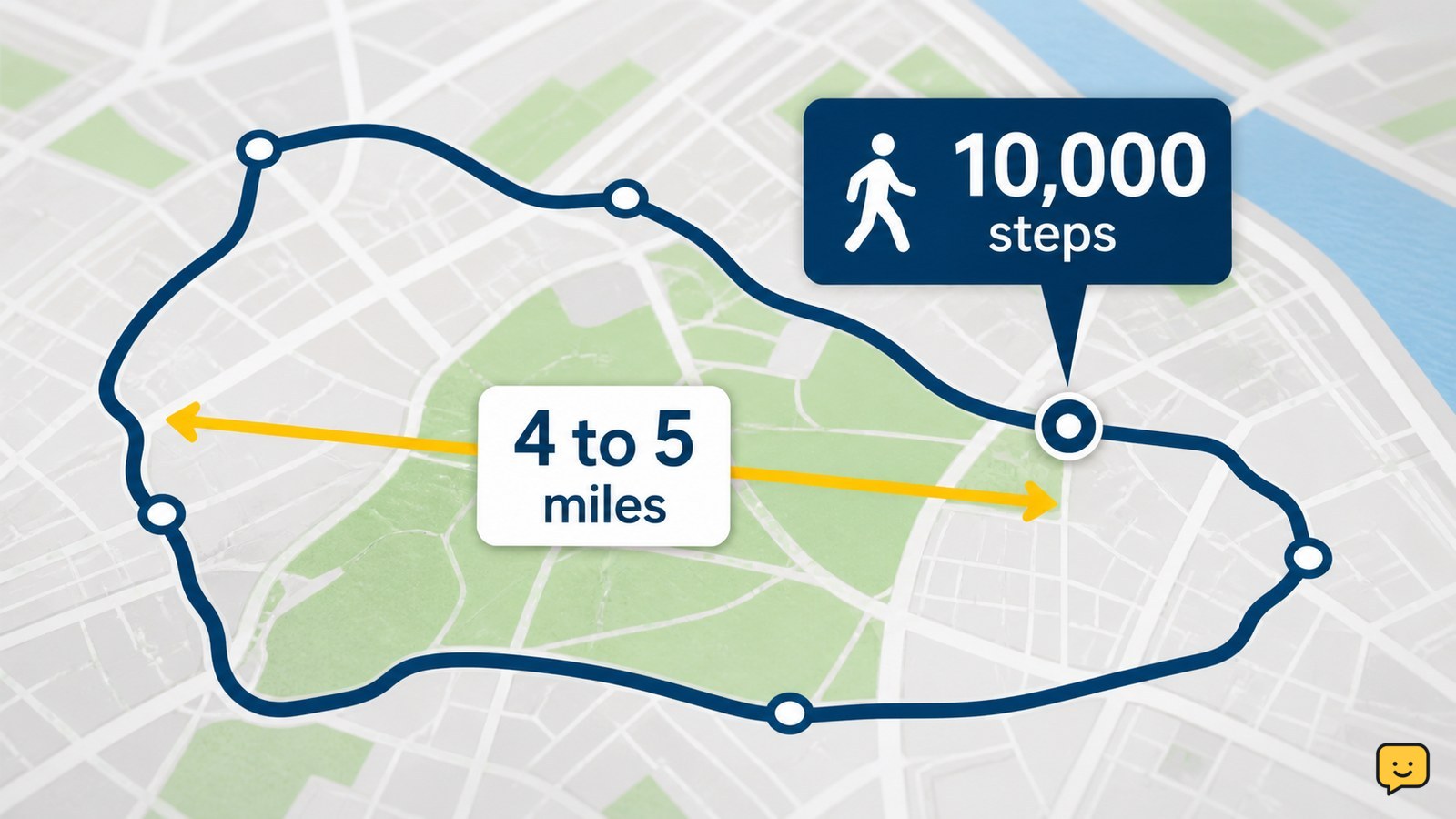Walking route distance marker showing the typical 4 to 5 mile range for 10,000 steps