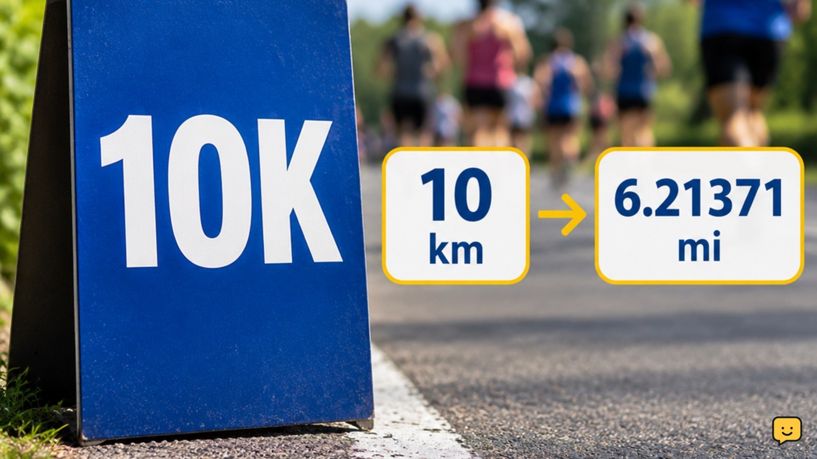 10K race route marker beside a clean distance graphic showing 10 kilometers equals 6.21371 miles