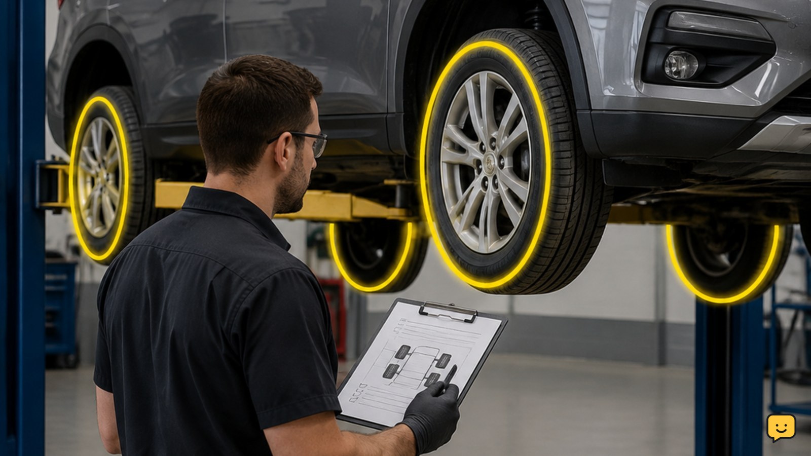 Technician checking tire positions during a vehicle tire rotation