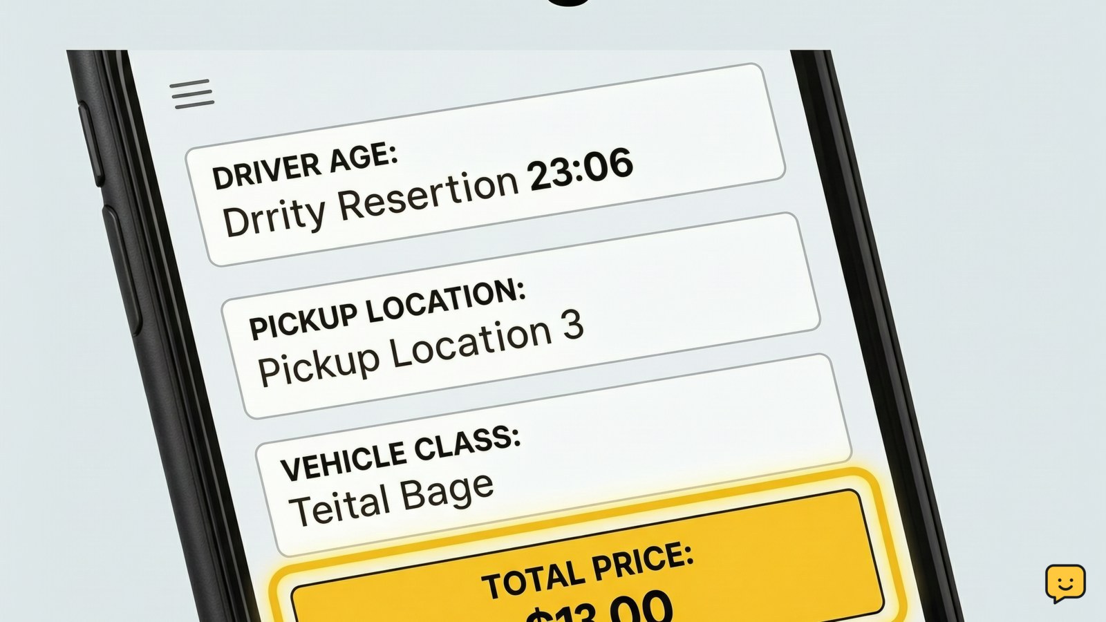 Rental car reservation details showing driver age, pickup location, vehicle class, and total price