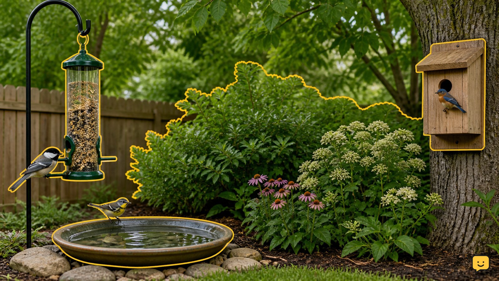 Backyard bird habitat with a feeder, shallow water dish, native shrubs, and mature trees