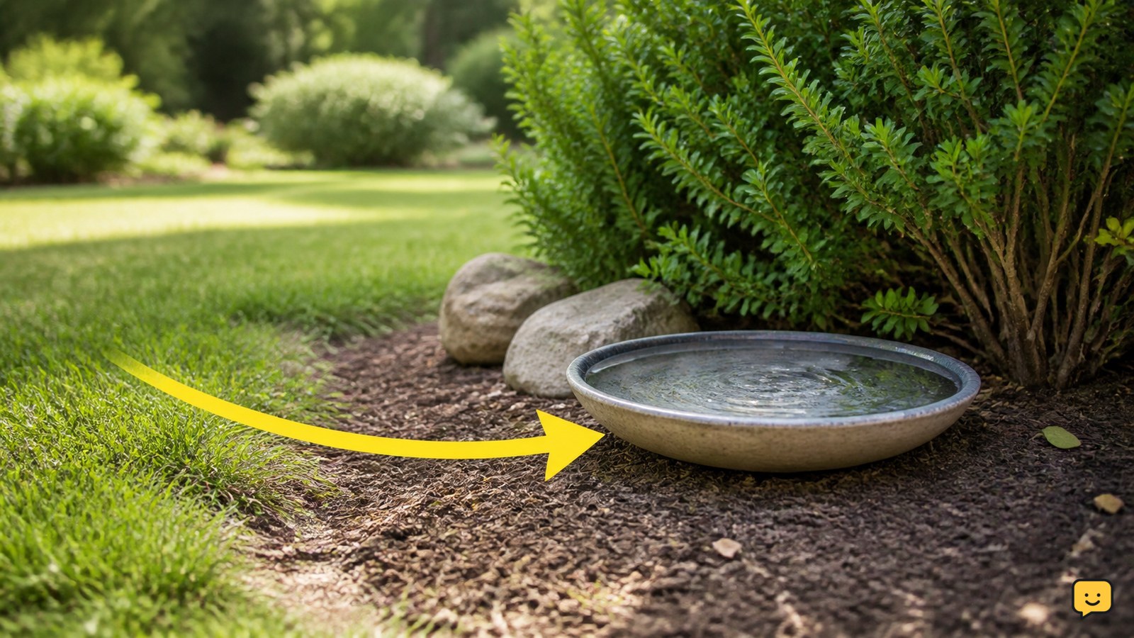Shallow bird water dish placed beside shrubs with an open visible approach