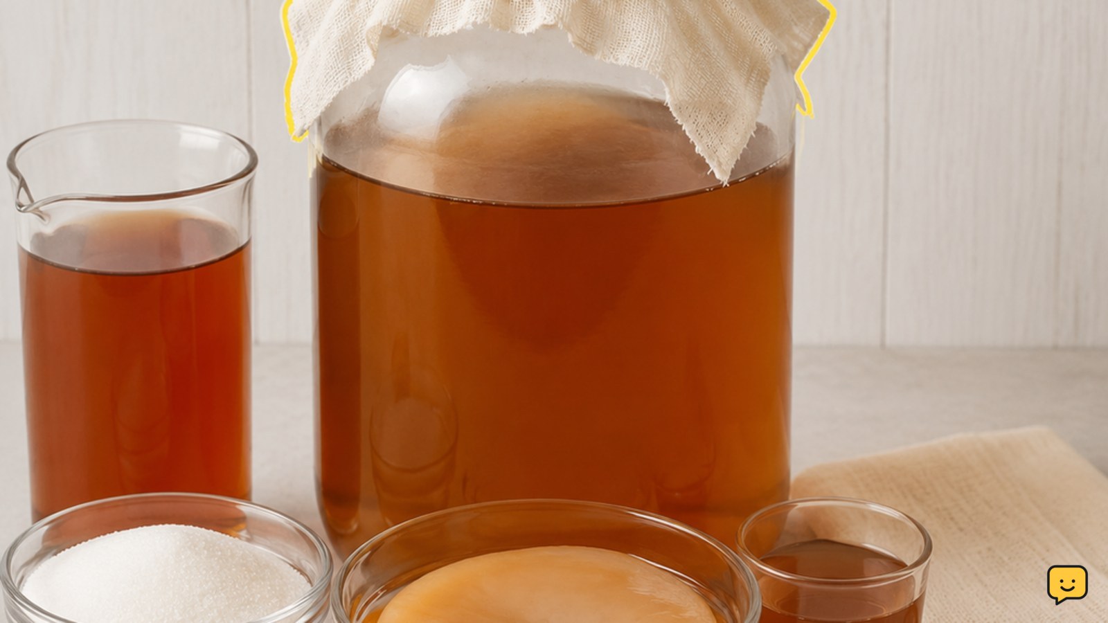 Glass jar of kombucha beside tea, sugar, starter liquid and a SCOBY