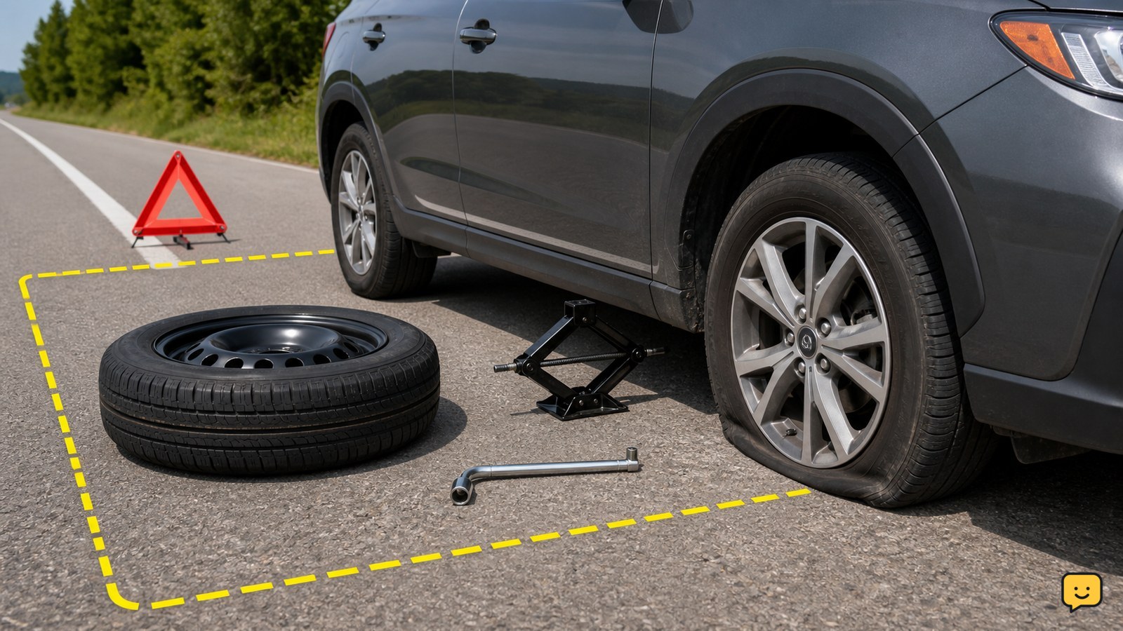 Car secured on level ground with a spare tire, jack and lug wrench ready beside a flat wheel