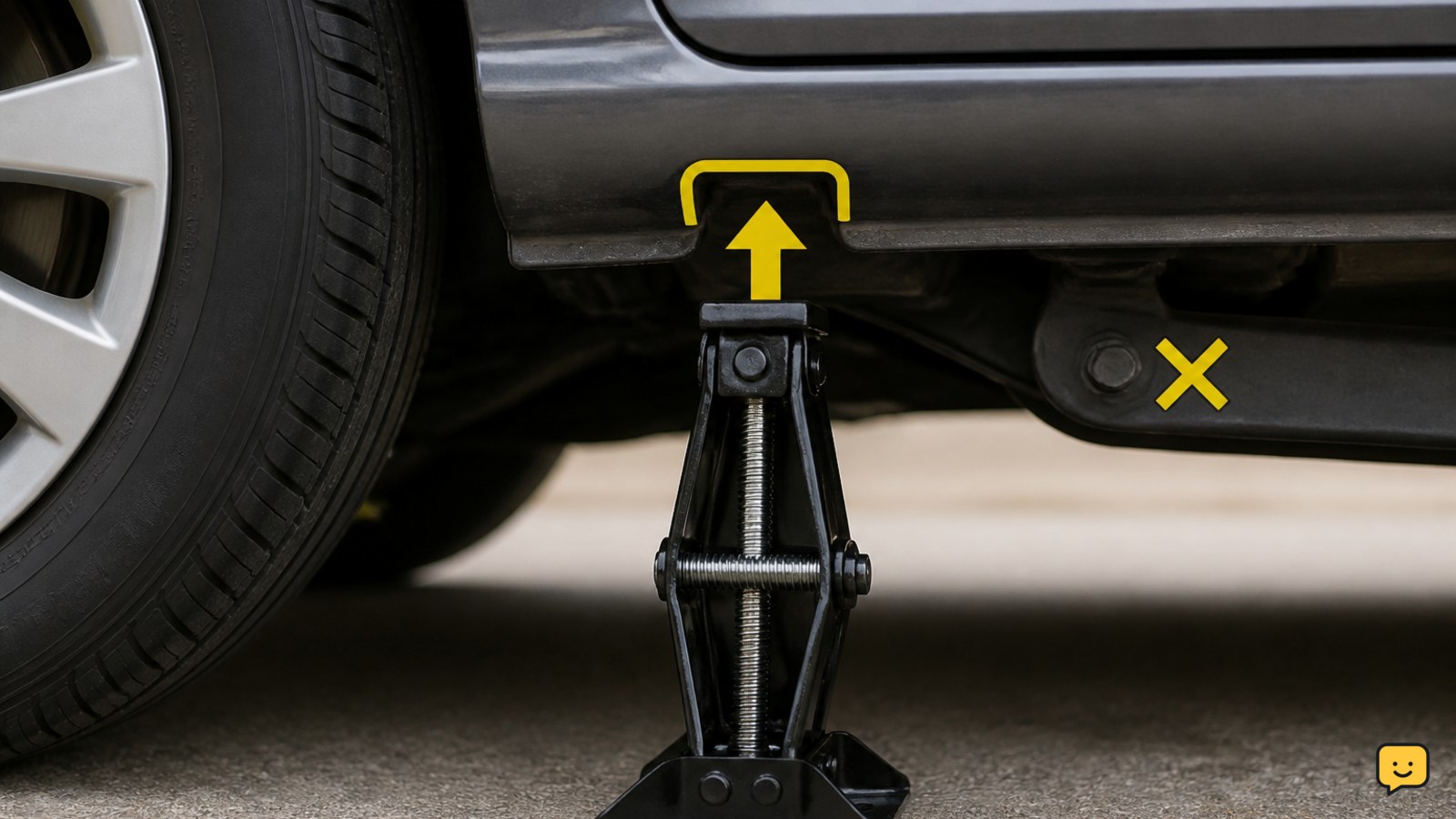 Close view of a vehicle’s approved jack point beside the wheel with the jack positioned upright
