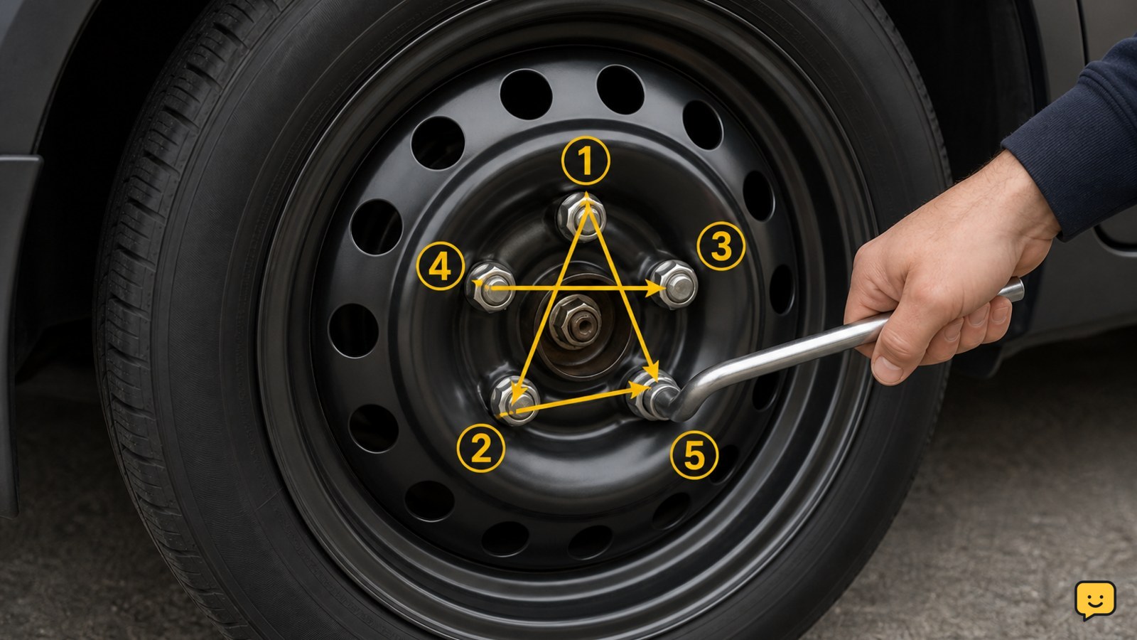 Spare wheel mounted flush on the hub with lug nuts being tightened in a crisscross pattern