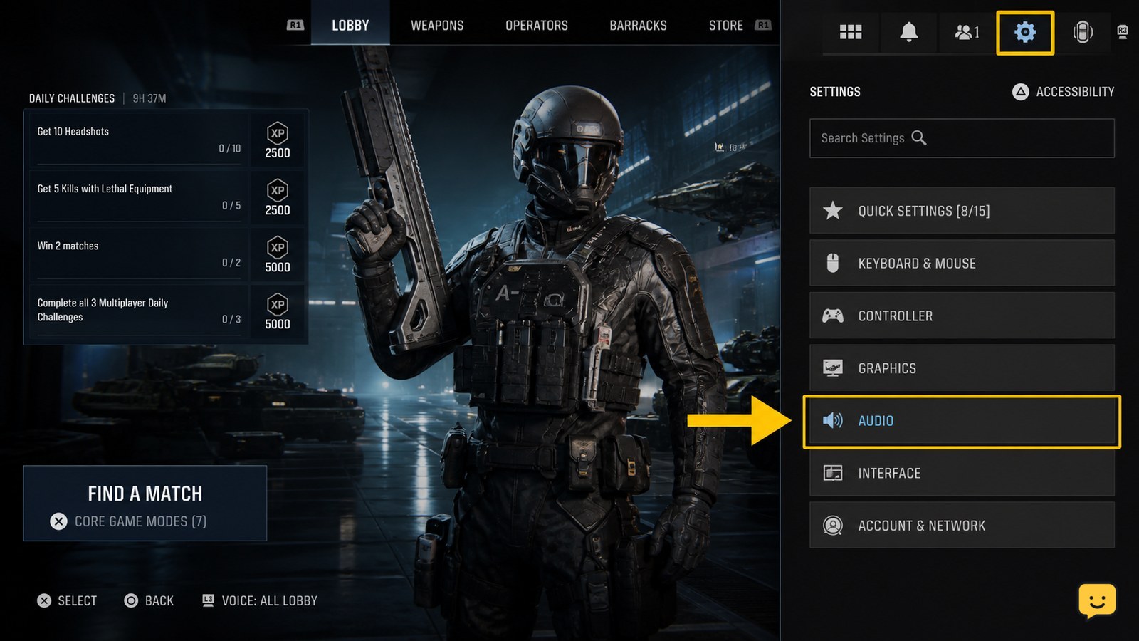 Call of Duty Black Ops 7 lobby with the Settings icon highlighted