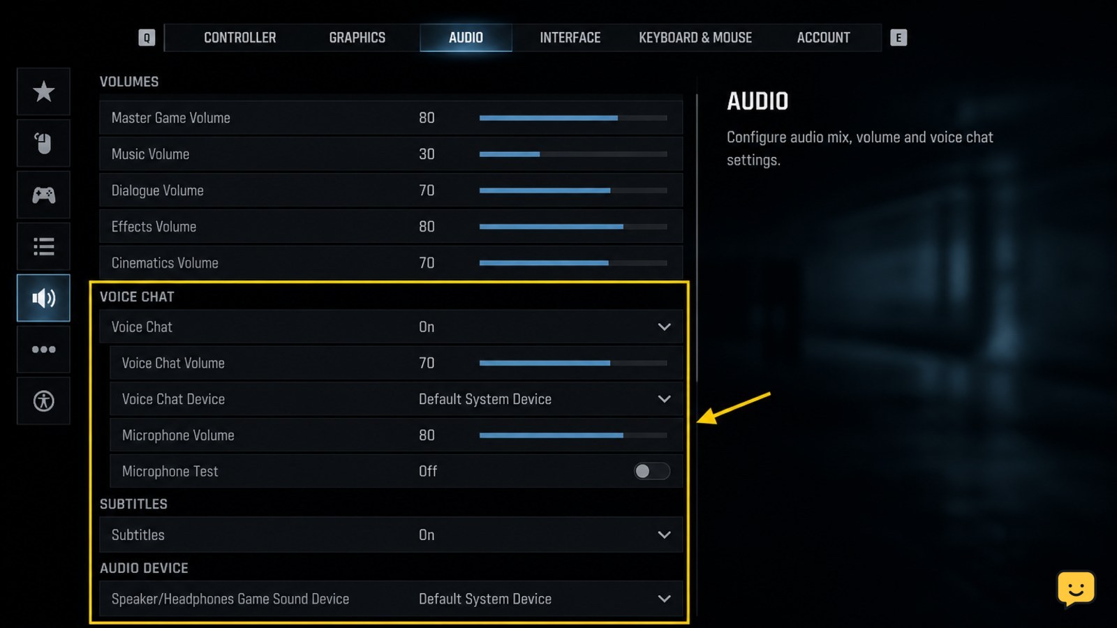 Black Ops 7 Audio tab showing volume, voice chat, subtitles, and output controls