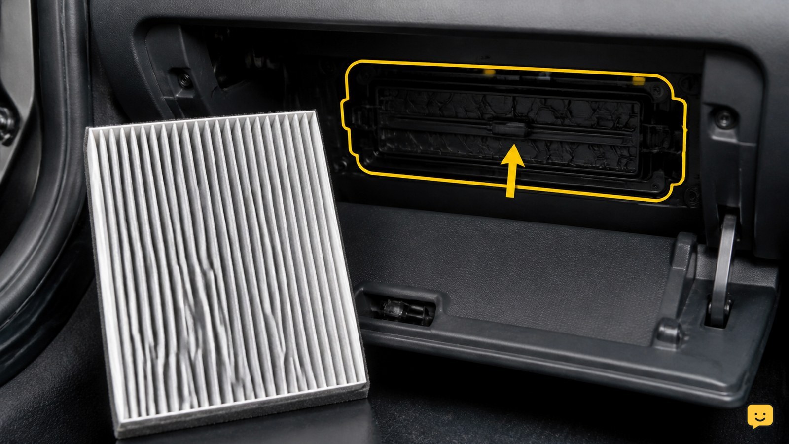 Pleated cabin air filter beside an open glove box and filter housing access panel