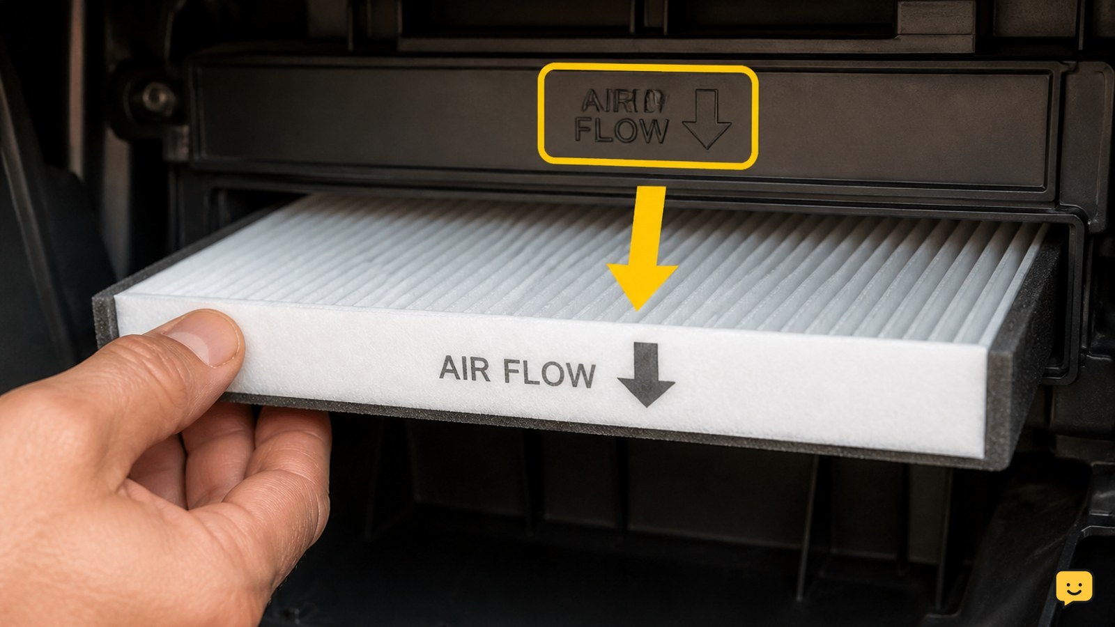 New cabin air filter being placed flat into its housing with the airflow arrow aligned