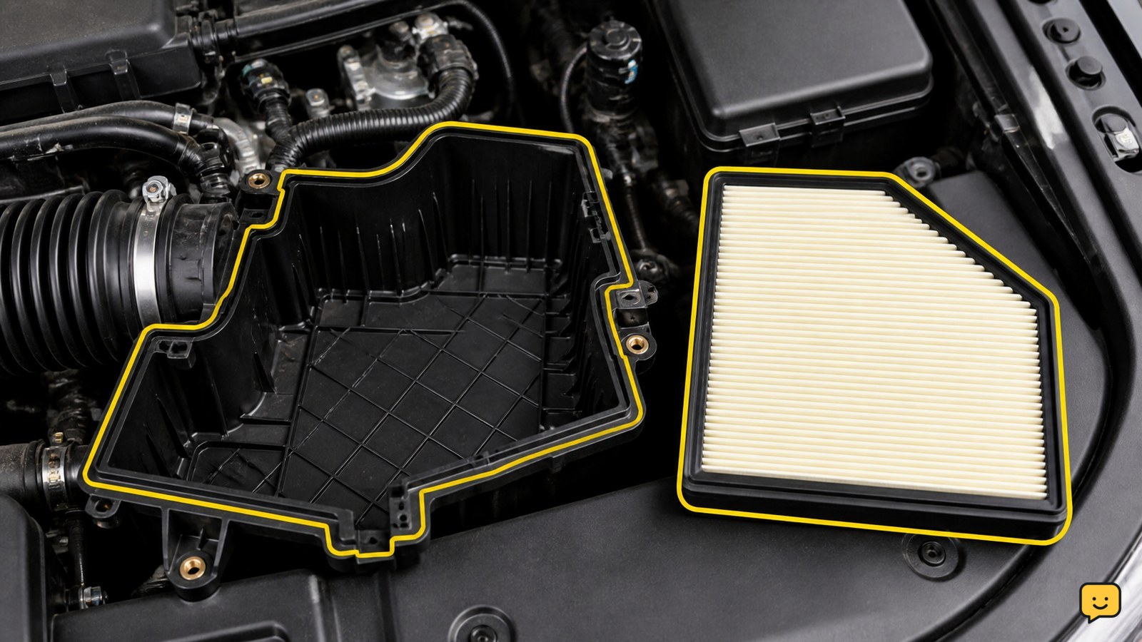 Open engine air-cleaner housing beside a correctly shaped replacement car air filter