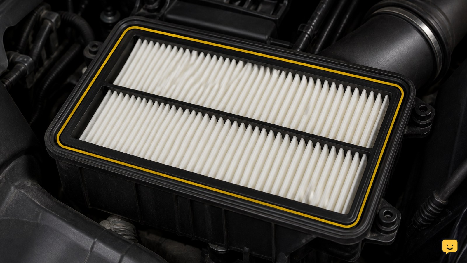 Replacement engine air filter seated flat inside the lower half of an air-cleaner housing with its perimeter seal aligned