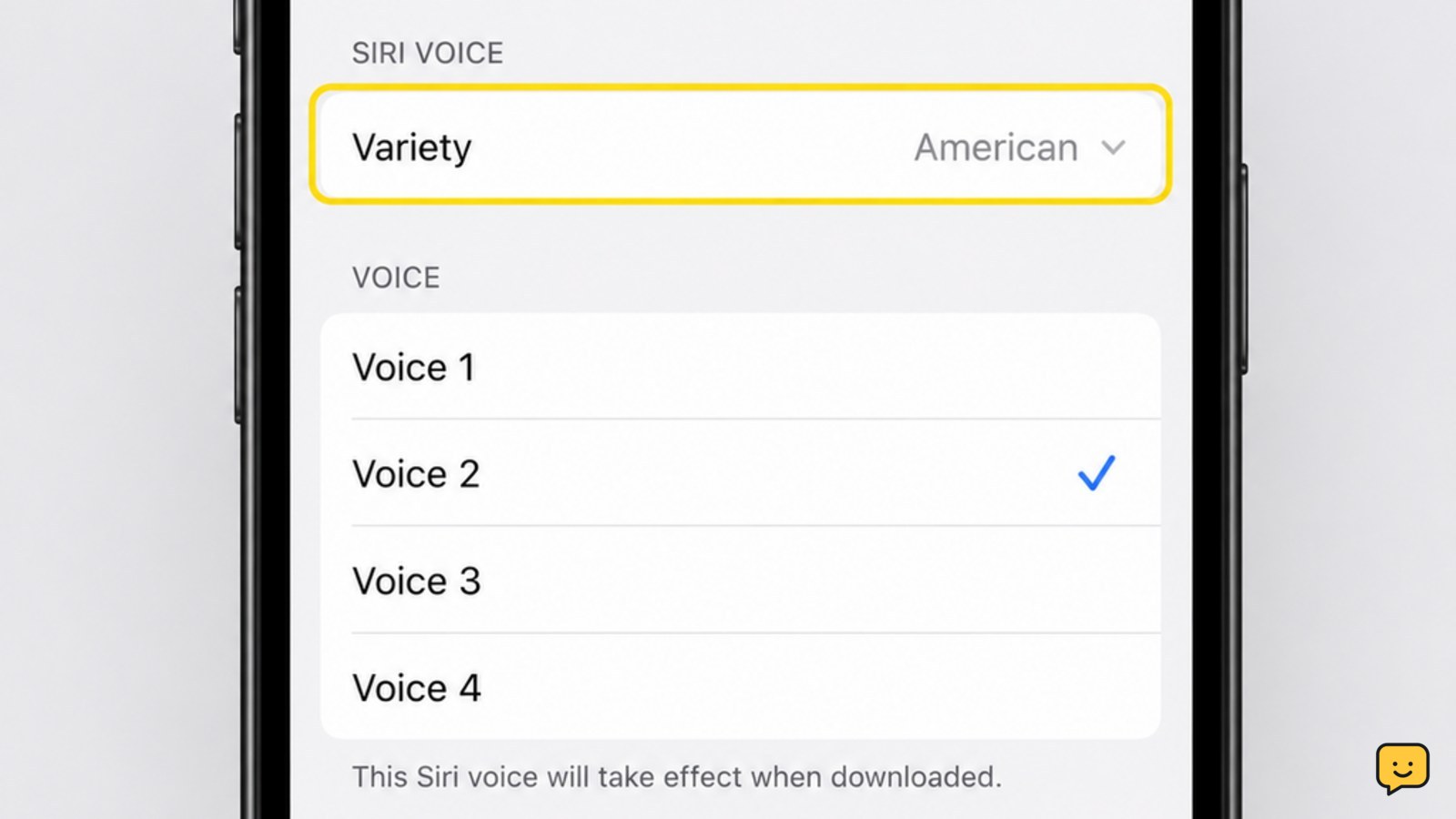 iPhone Settings screen showing the Siri Voice menu with voice choices.