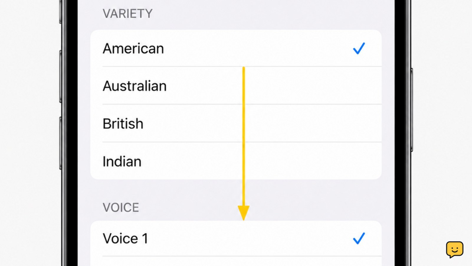 Siri Voice screen with an available variety selected and one voice option marked as selected.