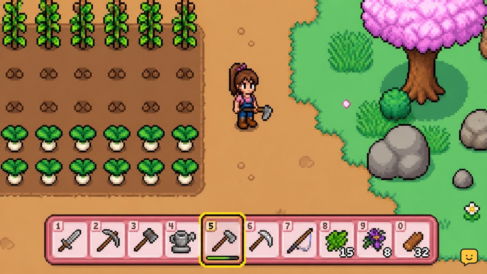 Fields of Mistria hotbar with a selected farming tool