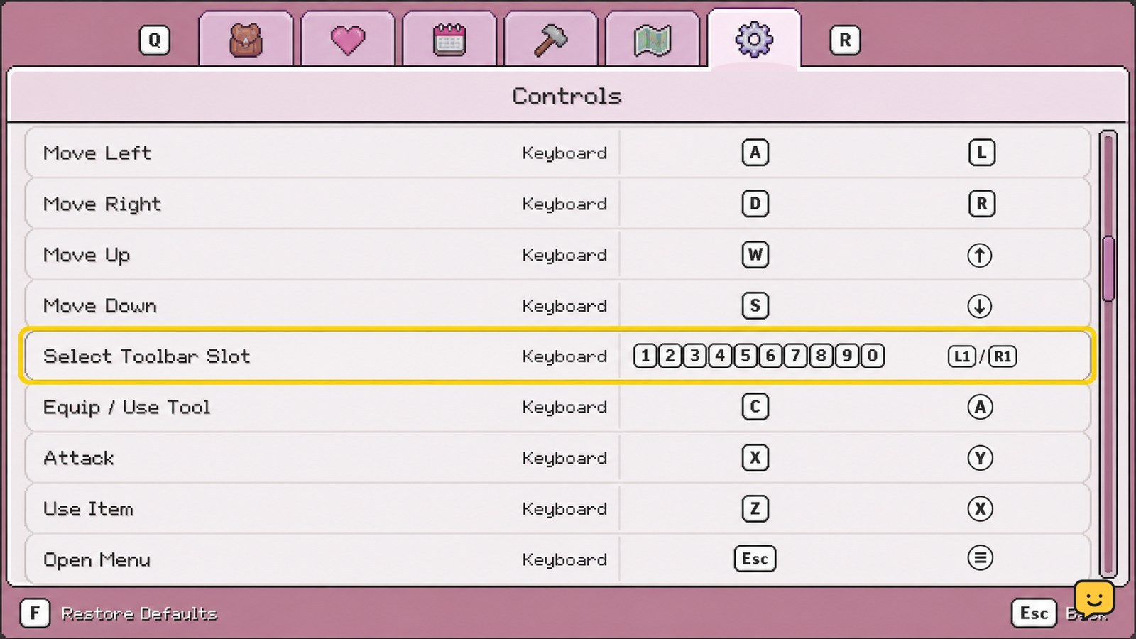 Fields of Mistria Controls menu showing toolbar selection inputs