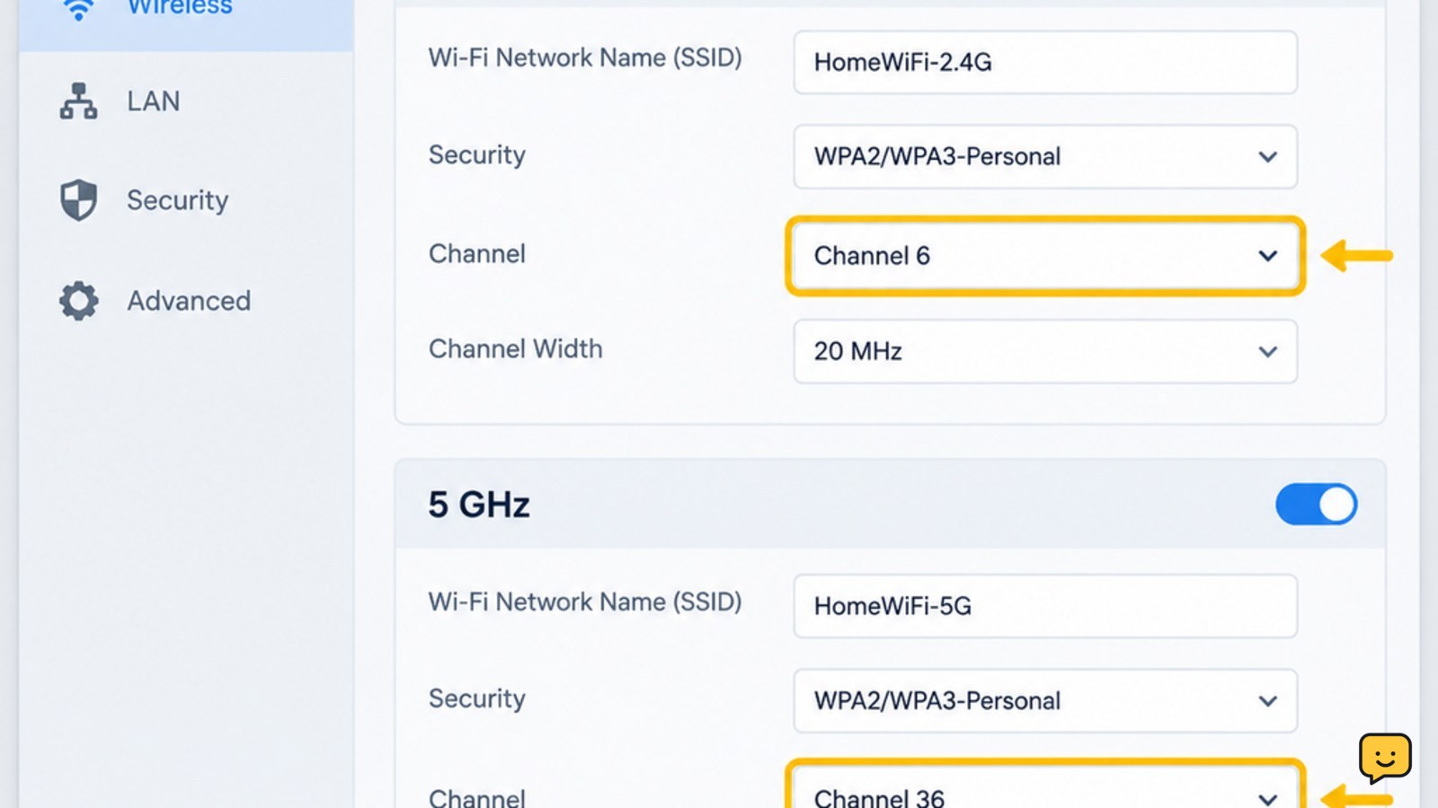 Router Wi-Fi settings showing a selectable wireless channel for the 2.4 GHz and 5 GHz bands
