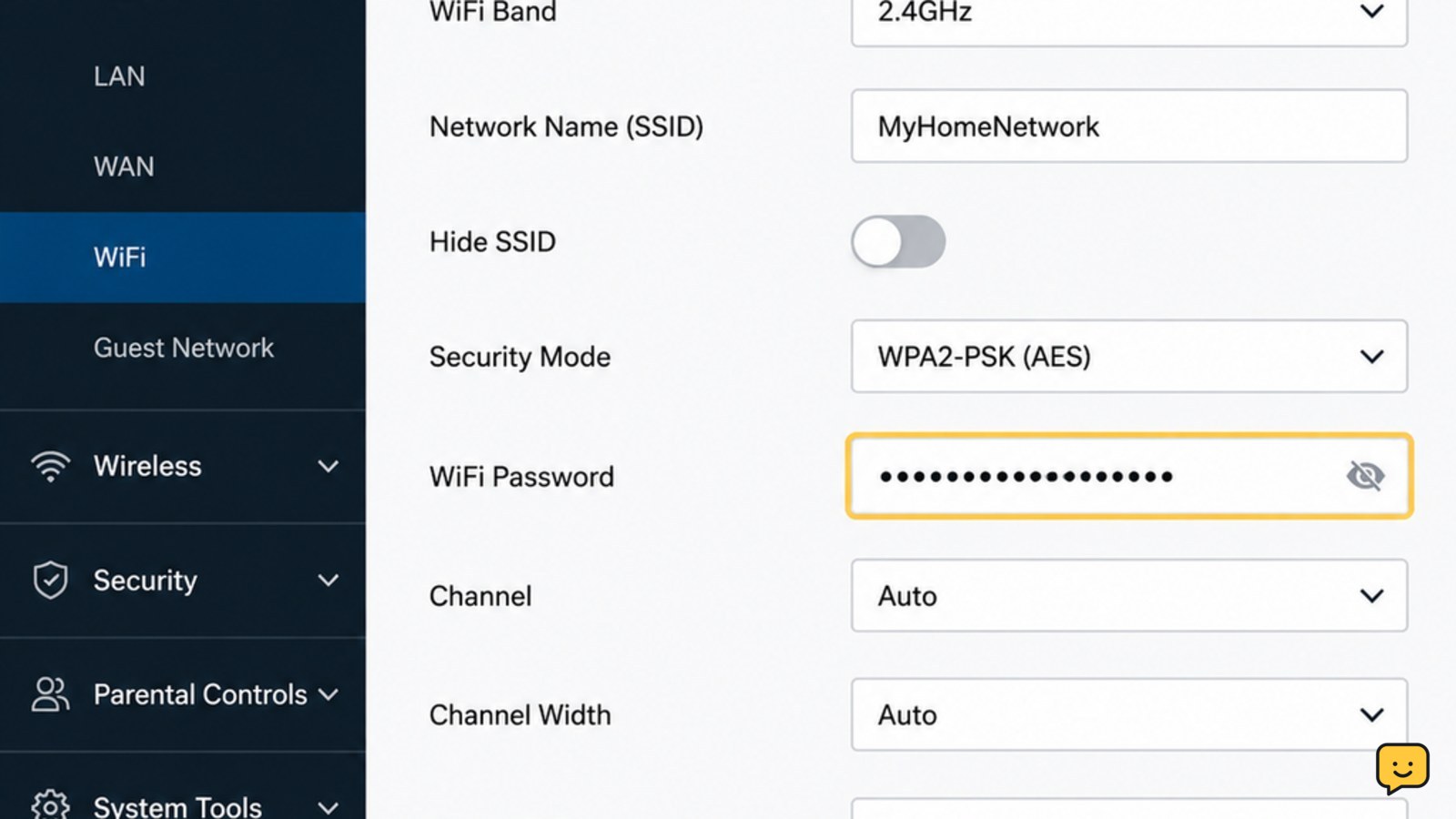 Router administration screen showing WiFi network settings with the password field ready to change