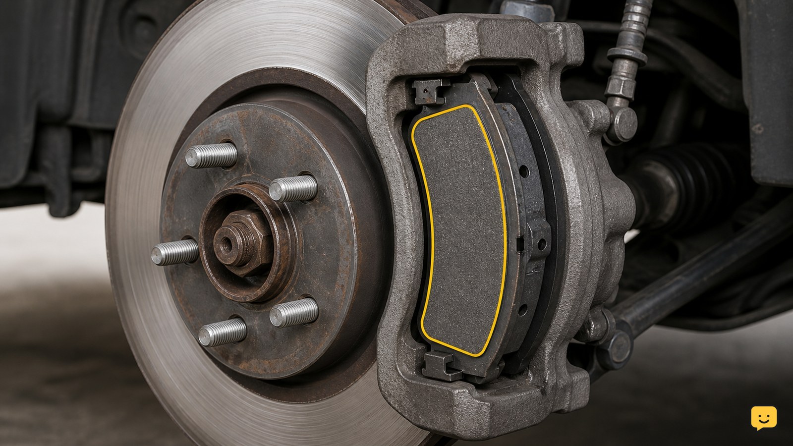 Disc brake assembly showing the brake pad beside the rotor through an open wheel area