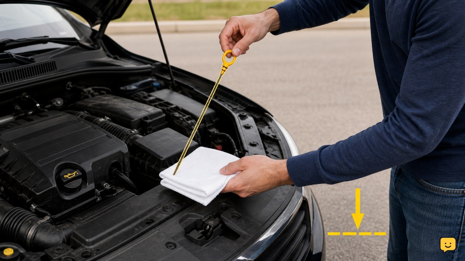 Driver checking the engine oil dipstick beside a parked car