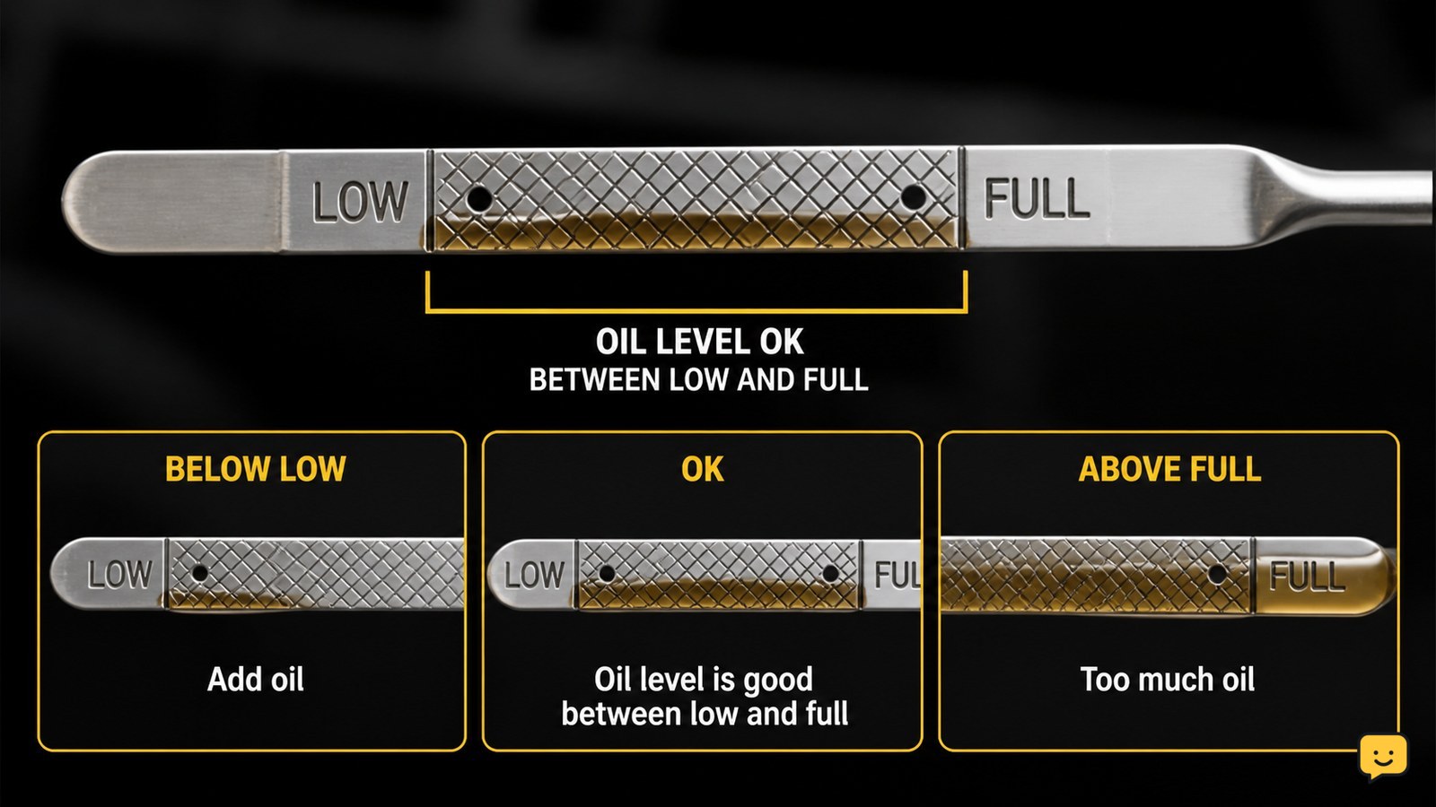 Close-up of a dipstick showing oil between the low and full marks
