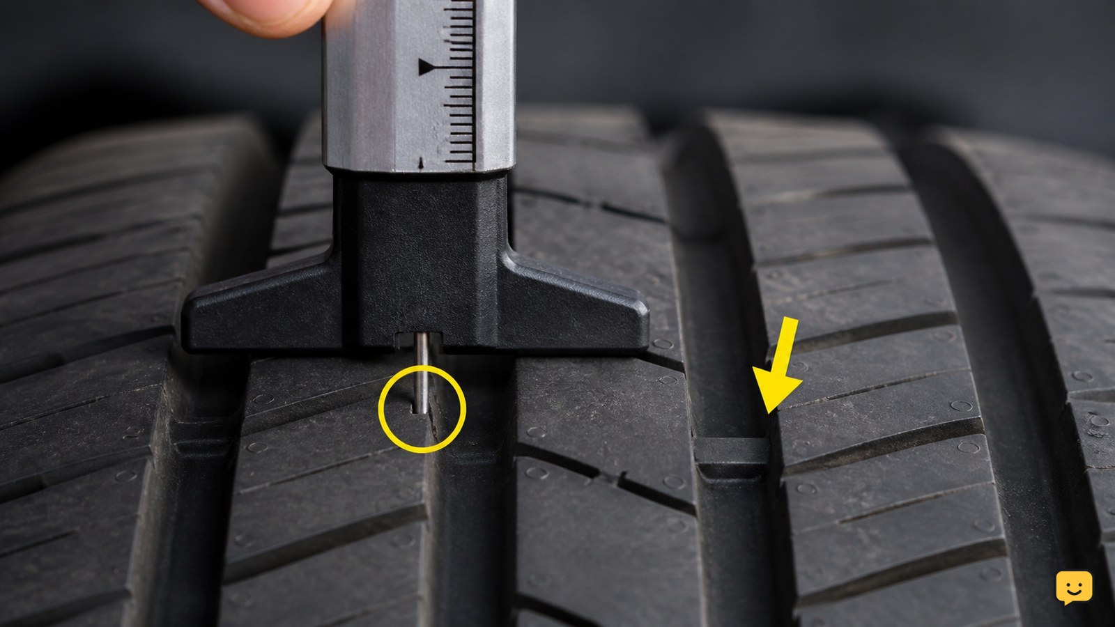 Tread-depth gauge measuring a tire groove beside a visible tread-wear indicator bar