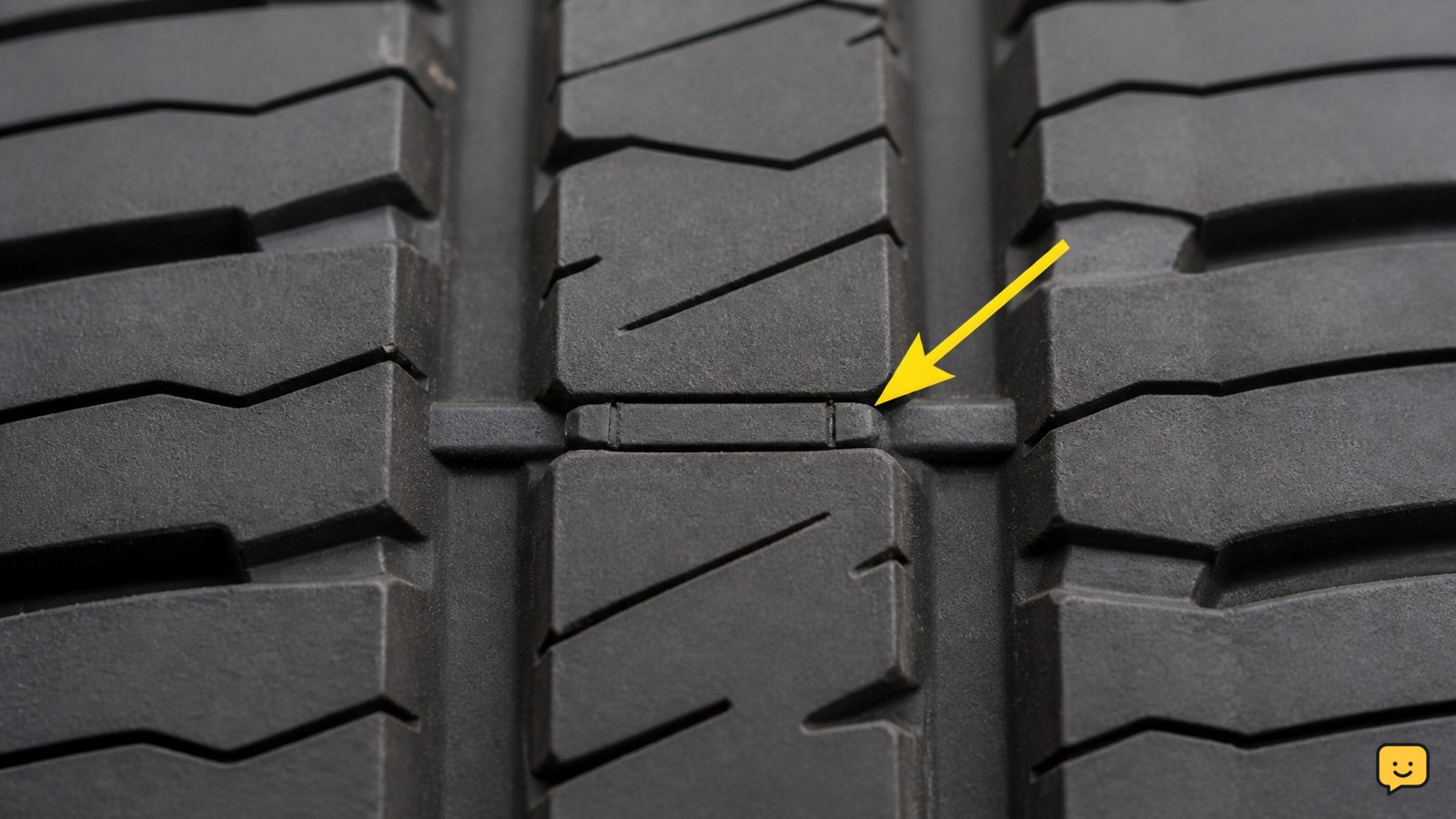 Close-up of a tire tread wear bar level with surrounding tread blocks