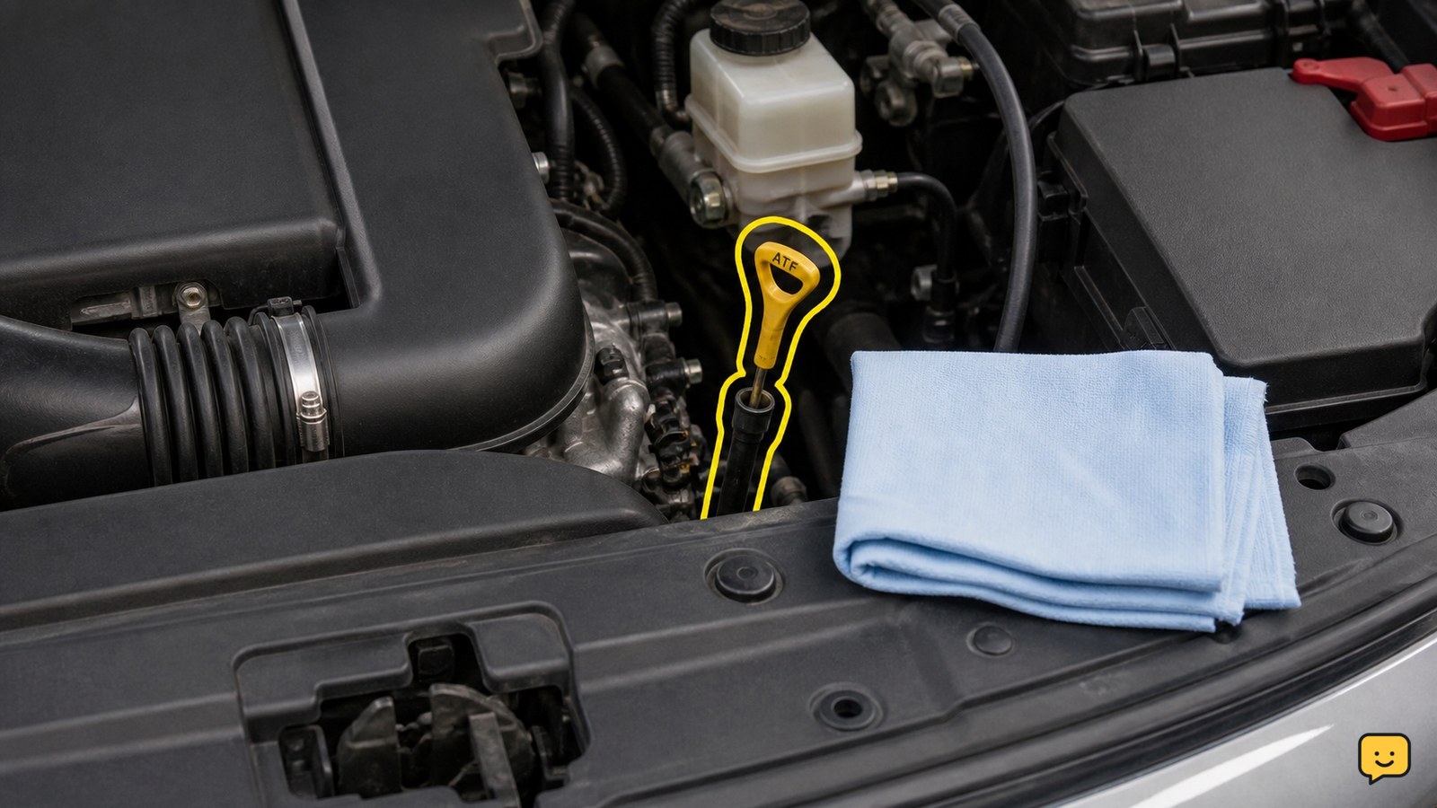 Open car hood showing a labeled automatic transmission dipstick and clean inspection cloth