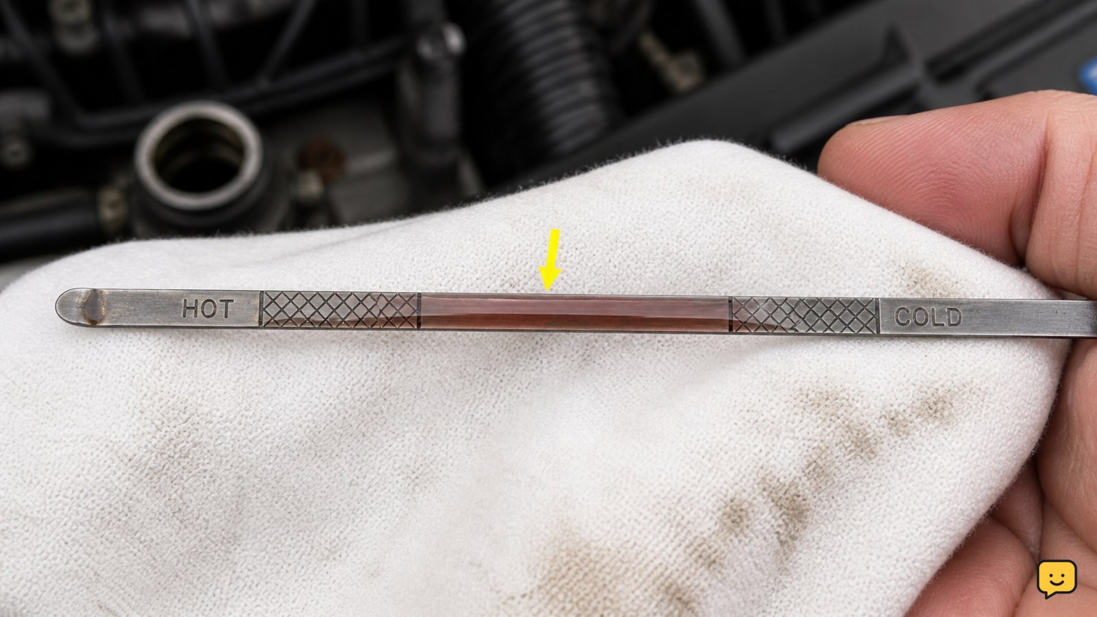 Transmission dipstick held horizontally with clean fluid film inside the marked operating range