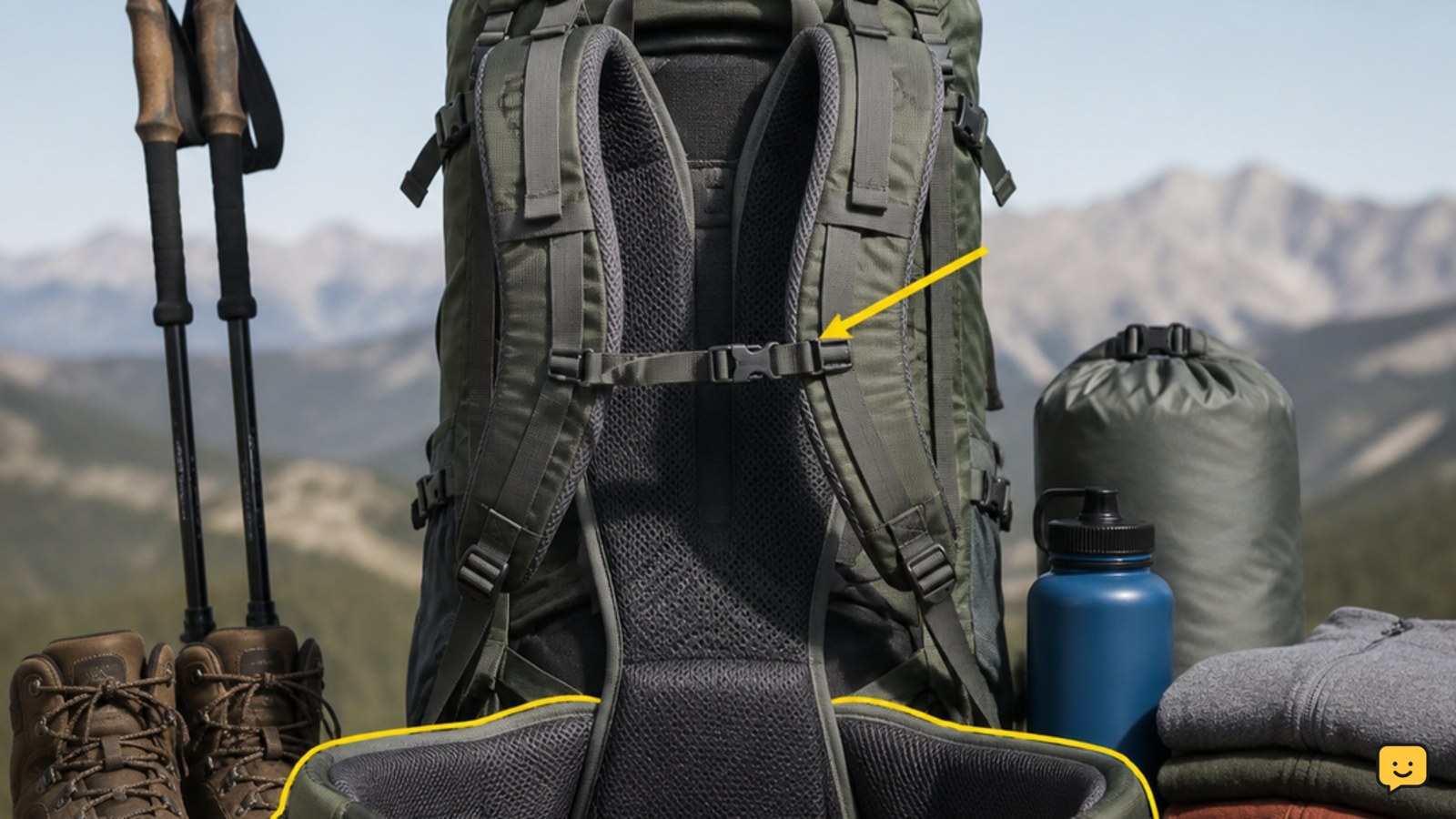 Outdoor backpack shown with a secure hip belt and adjusted shoulder straps beside packed hiking equipment