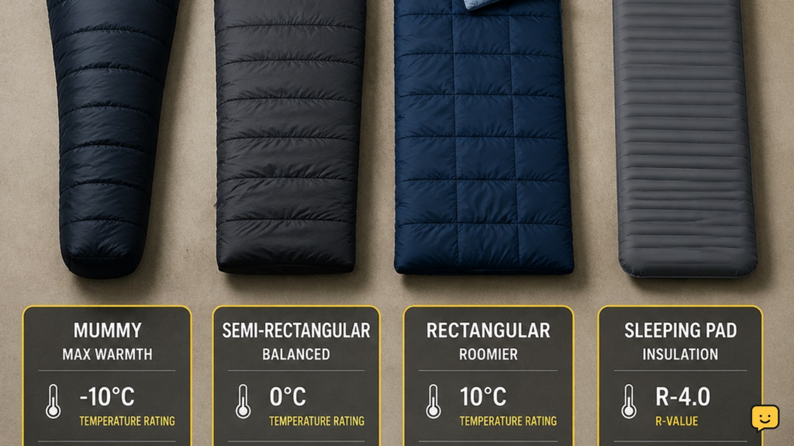 Three sleeping bags with different shapes and insulation weights arranged beside a sleeping pad and temperature-rating labels
