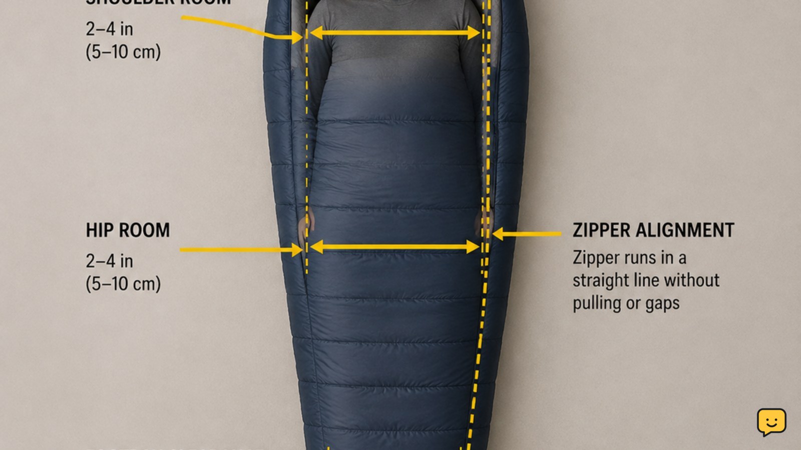 Sleeping bag laid flat with shoulder, hip and footbox measurement points highlighted