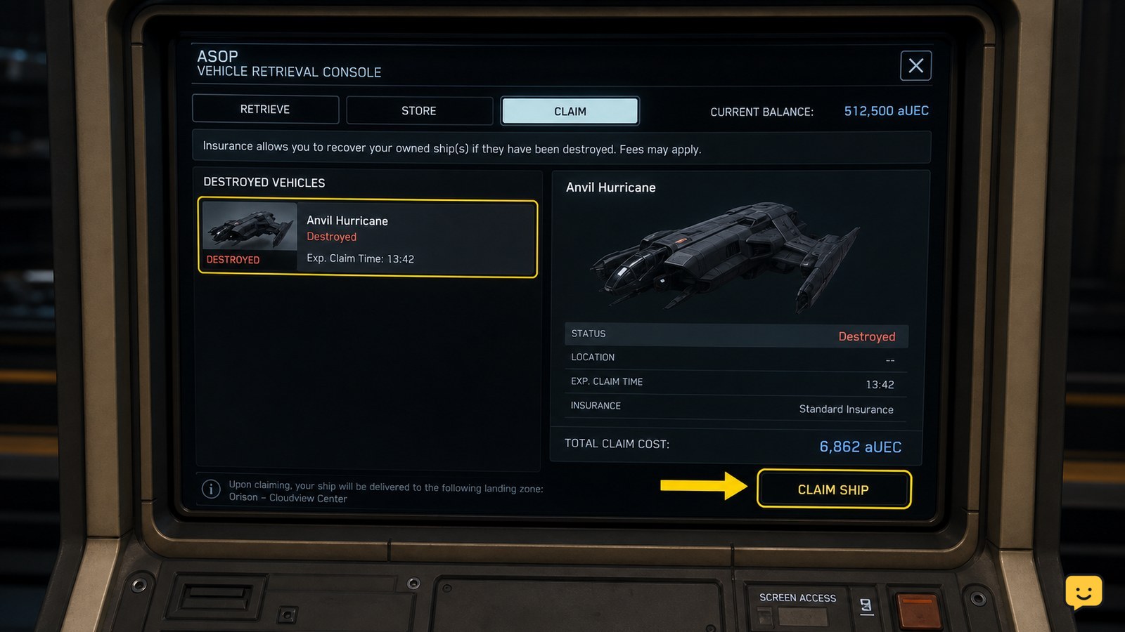 Star Citizen ASOP terminal showing a destroyed ship ready to claim