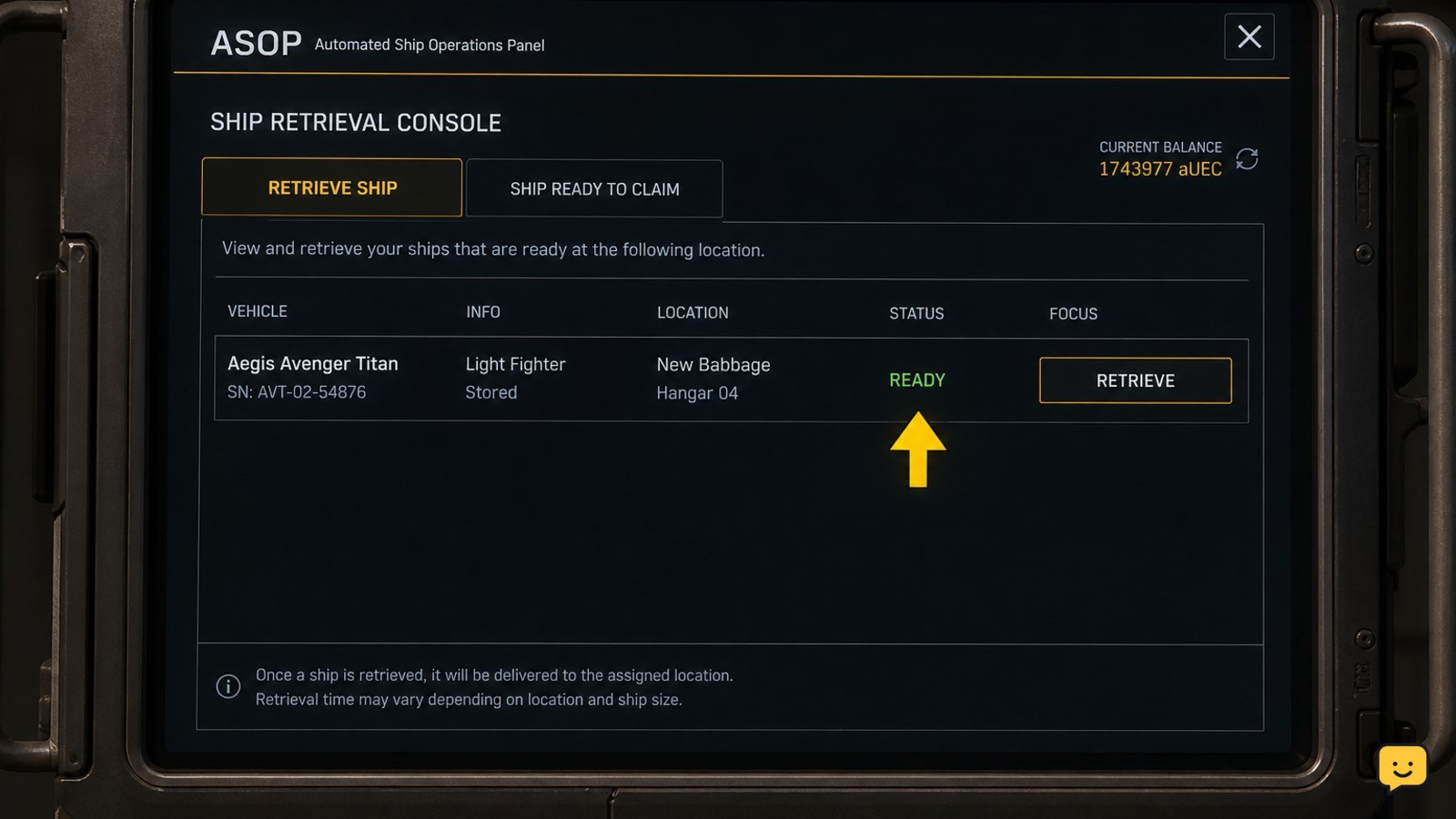 Star Citizen ASOP terminal showing a claimed ship ready for retrieval with an assigned hangar
