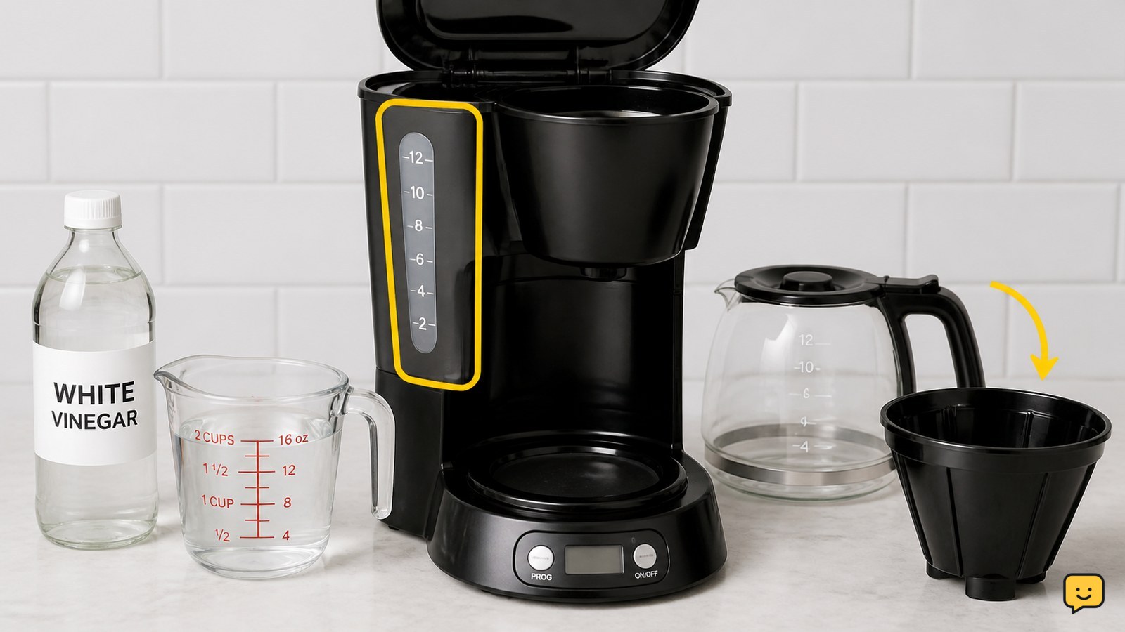 White vinegar and water beside an empty standard drip coffee maker ready for cleaning