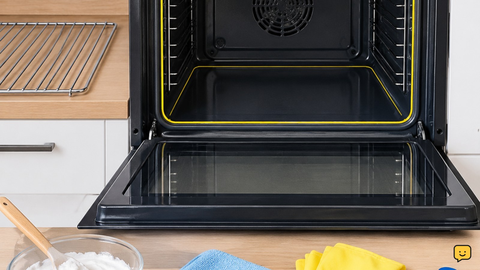 Open cool oven with baking-soda paste, cloth, gloves, and plastic scraper ready for cleaning